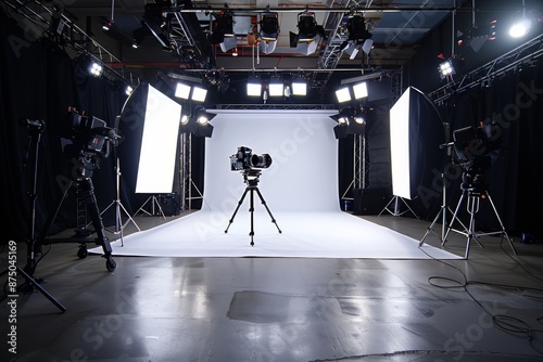 Professional photography studio setup with lights and camera, capturing the essence of a creative and controlled environment for high-quality photoshoots.