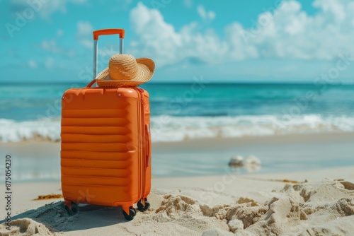 Orange suitcase with beach accessories on sand. Sea and sky in the background. Summer travel concept.