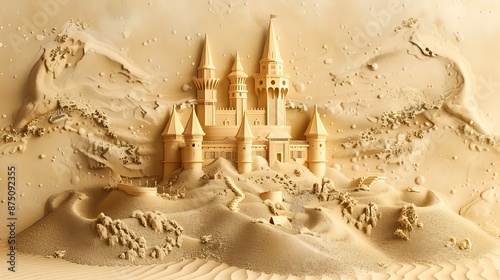 3D rendering of a sand castle on a sand dune. The castle is surrounded by a moat and has a flag flying from the top of the tower.