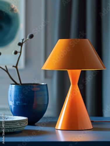 Modern orange table lamp next to blue ceramic vase on a desk.