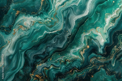 abstract fluid art wallpaper with swirling emerald and jade hues featuring metallic accents and organic patterns reminiscent of natural stone formations and cosmic nebulae