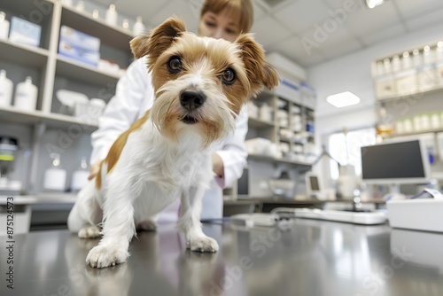 veterinarian in action, examining a small dog with care and compassion in a modern clinic setting