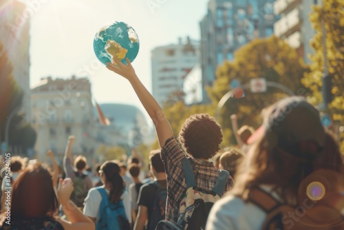 Global youth climate strike in major cities. Natural daylight. Diverse urban settings background. 