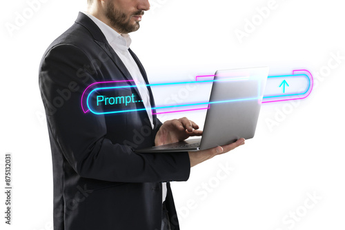 A professional man using a laptop with glowing neon prompt lines, isolated on a white background, conceptualizing technology and innovation