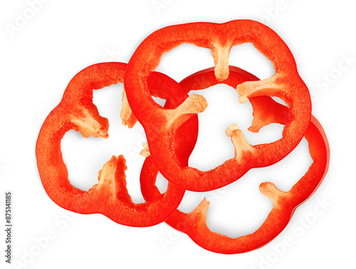 sliced rings red bell pepper on an isolated white background,top view