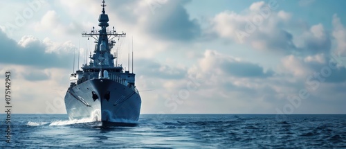 A powerful destroyer patrolling the ocean, featuring advanced radar and missile systems for superior maritime security and protection with copy space