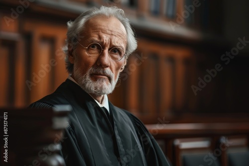 An elderly male judge with grey hair and glasses, wearing a dark robe, standing in a wooden courtroom with a serious expression, potentially presiding over a case.