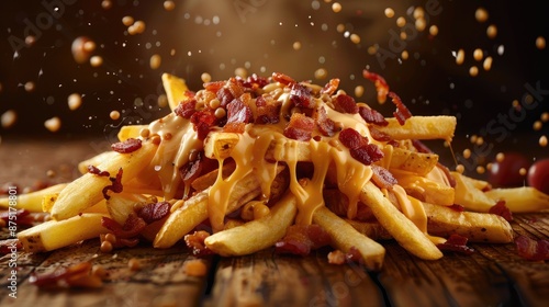 Tasty but unhealthy fast food fries with bacon and cheese