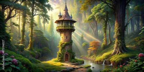 Enchanted Rapunzel tower hidden deep in the forest , fantasy, fairytale, princess, castle, tower, magical, woods, forest