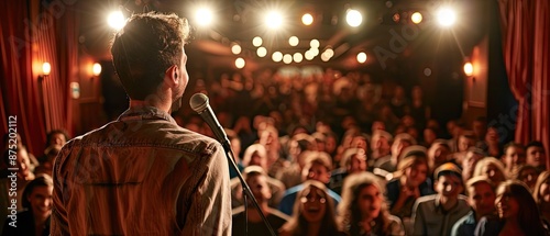 Hilarious Stand-Up Comedian on Stage with Exaggerated Facial Expressions and Body Language, Audience Laughing Uncontrollably - Hyper-realistic Comedy Performance Entertainer