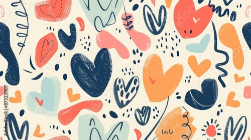 Hand drawn seamless pattern with various elements like hearts spots and shapes with space for text