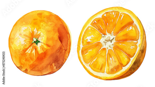 Watercolor orange whole and half. Illustration isolated on a transparent background