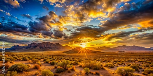 Majestic Mountain Sunset Landscape with Golden Clouds and Sun Rays