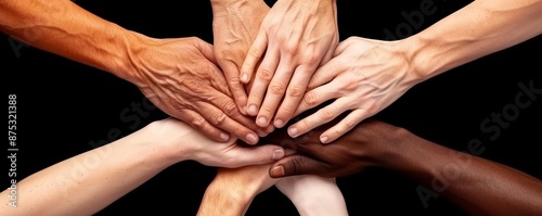 Close-up of diverse hands stacked together, symbolizing unity, teamwork, and racial harmony against a black background.