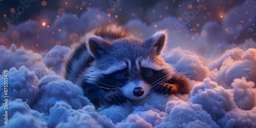 Looping baby raccoon lullaby animation with clouds for bedtime background. Concept Baby Raccoon Lullaby, Looping Animation, Bedtime Background, Clouds, Relaxing Music