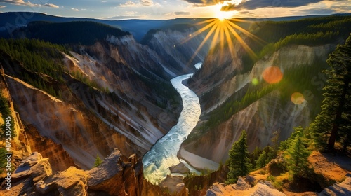 Panoramic view of the Grand Canyon in Yellowstone National Park, Wyoming, USA