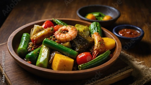 pinakbet mixed vegetables eggplant bitter melon squas served aesthetically in a wooden plate and table