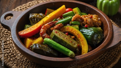 pinakbet mixed vegetables eggplant bitter melon squas served aesthetically in a wooden plate and table