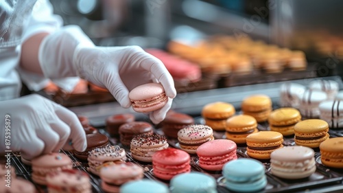 Chef arranging colorful macarons on a tray in a bakery. Freshly baked and creatively decorated French treats in a patisserie.