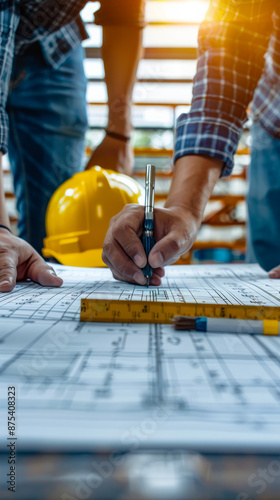 Architects and engineers discussing blueprint plans at a construction site