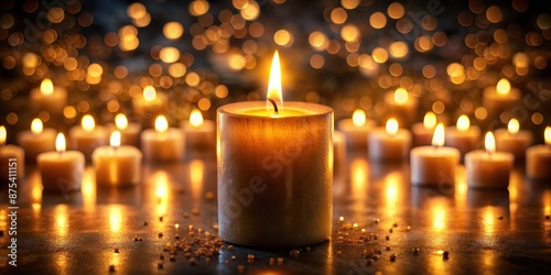 Warm golden light emanates from a single burning candle in the dark, surrounded by numerous unlit candles, casting a mystical ambiance in the eerie blackness.
