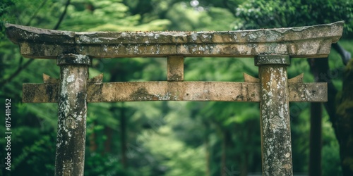 Stone, woodland, nature Peace, awareness, and spiritual history at Kyoto Torii gate. A Shinto shrine in woods with sculpture, memorial, and monument