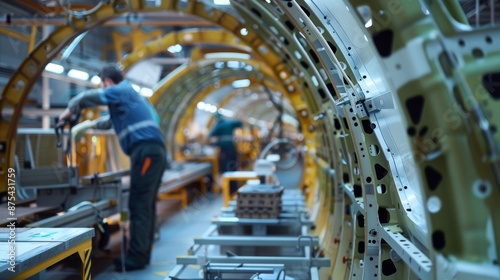 Technicians Operating Automated Machinery in Aircraft Fuselage Production Facility