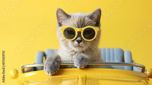 Cute cat with stylish round sunglasses in a toy car on a yellow background.