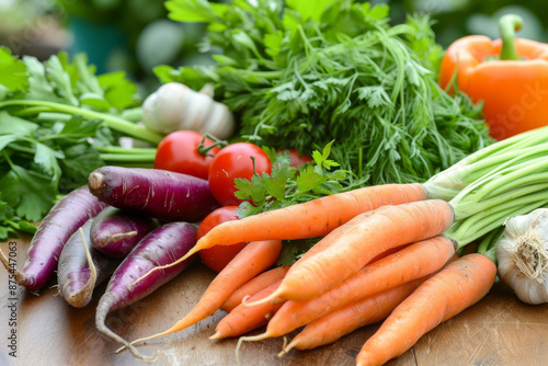 Freshly picked vegetables. Carrots, radishes, tomatoes, herbs collected from the garden. 