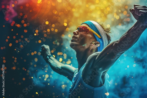 Modern pentathlete celebrating after event, gold medal in hand, copy space, exhilaration theme, realistic, overlay, finish line backdrop