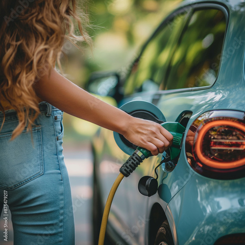 blonde woman with long hair on her back filling up her car's tank, fossil fuels, pollution, energy consumption, climate change, industry