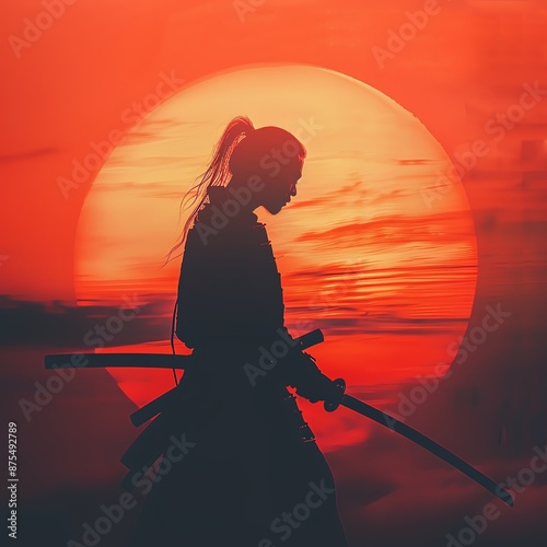 Silhouette of a samurai warrior standing with a katana against a vibrant red sunset.