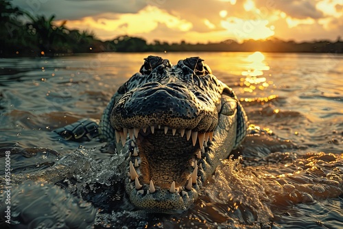 Close Up Of A Crocodile With Its Mouth Open In The River At Sunset