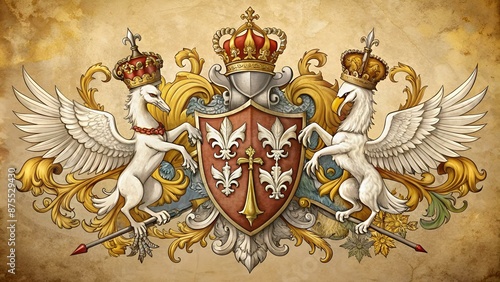 Medieval heraldic Coat of arms with griffins, white peacocks, knightly shield, spears, crown, fleur-de-lis and ribbon on a beige. Hand-drawn vector illustration in vintage style, emblem, sign, symbol