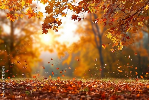 Beautiful autumn landscape with yellow trees and sun. Colorful foliage in the park. Falling leaves natural background