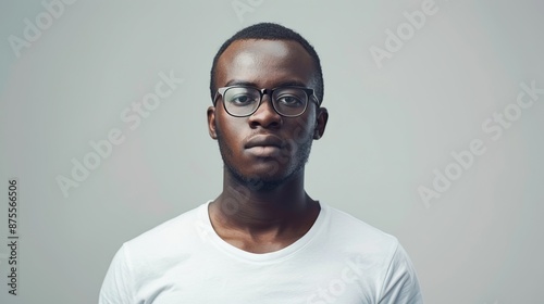 Serious African man in white shirt and glasses portrait.