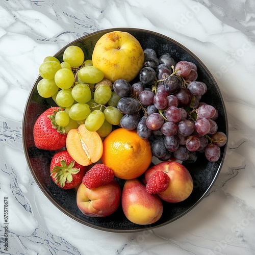 Craft a modern and sleek birds-eye view design of a fruit bowl arrangement on a stylish tabletop, with a mix of exotic and common fruits The image should exude elegance and freshness, appealing to a s