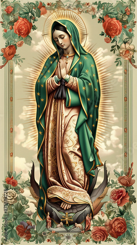 Beautiful depiction of our lady of guadalupe surrounded by ornate floral designs and radiant halo