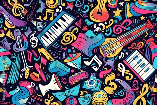 Hand-drawn style musical background with detailed patterns and dynamic composition