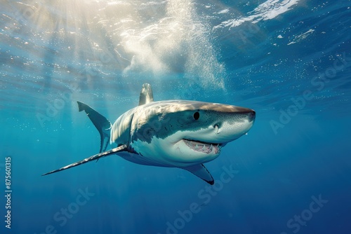 A shark is swimming in the ocean with its mouth open. The water is blue and the sun is shining on the surface