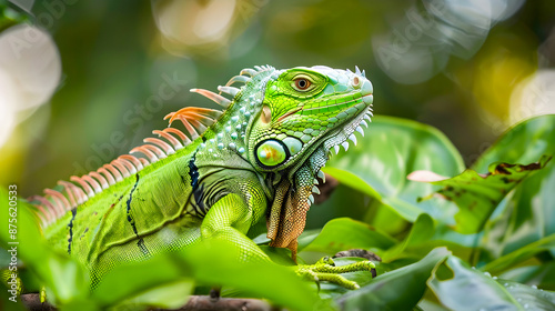 Vibrant Green Iguana Perched on Tropical Foliage in Natural Habitat