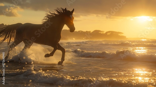 Wild horse running free on the beach at sunset with the sun's rays reflecting off the water.