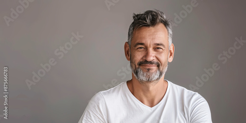 portrait of handsome middle aged man in white t-shirt smiling, generative AI