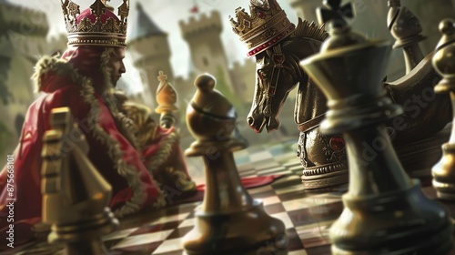 The image is a close-up of a chessboard with a knight in the foreground and a king and queen in the background.