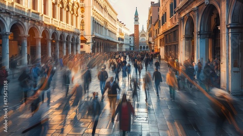 Crowds of people walking on a busy street in Venice, Italy. The motion blur of the people creates a sense of movement and energy.