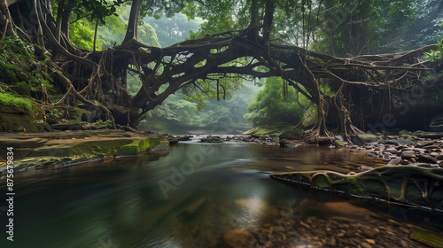 Living Roots in India, a natural bridge formed from interwoven tree roots over a small river, Ai generated Images