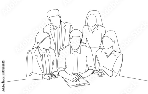 Continuous one line drawing of business manager reviewing marketing plan to team members, brief business plan summary concept, single line art.