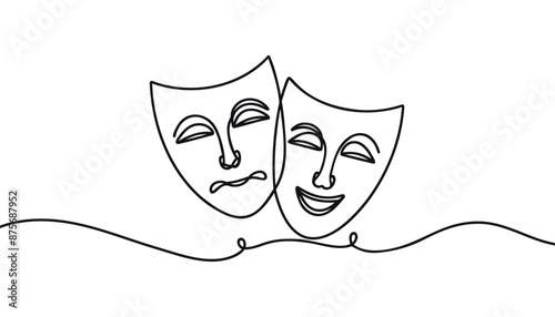 Theater Mask: Comedy and tragedy masks, representing drama and theater education. Continuous one line drawing in white background