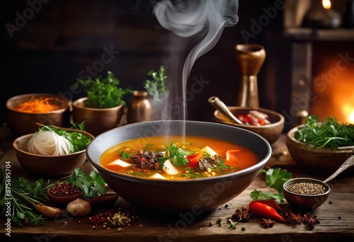 steamy soup bowl ready serving ladle, hot, spoon, food, restaurant, dinner, cooked, warm, comforting, tasty, kitchen, utensil, ceramic, liquid, mealtime