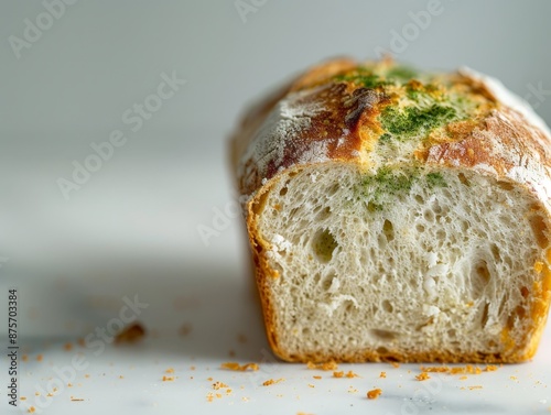 Decaying Loaf of Moldy Bread - Detailed Close-Up of Hard and Discolored Sliced Bread with Green and White Molds, Minimalist Background